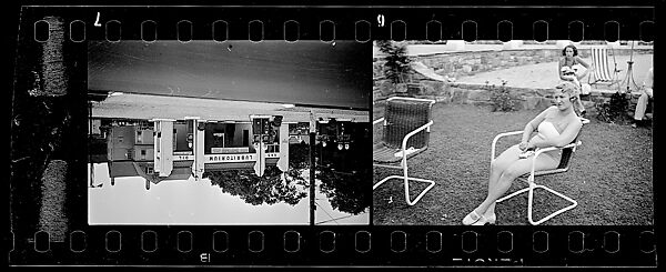 [Two 35mm Film Frames: Woman in Bathingsuit Seated in Tubular Chair at Country Club?; Roadside Gas Station], Walker Evans (American, St. Louis, Missouri 1903–1975 New Haven, Connecticut), Film negative