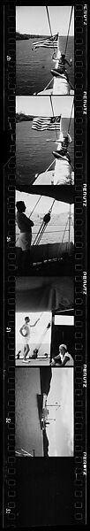 [Five 35mm Film Frames: South Seas: Isabelle Jennings Seated on Cressida Prow, Unidentified Man on Cressida Deck, and Steamship F. H. Bedford Jr.], Walker Evans (American, St. Louis, Missouri 1903–1975 New Haven, Connecticut), Film negative
