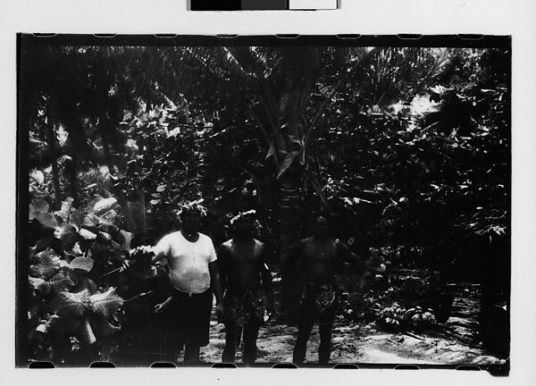 [Five 35mm Film Frames: South Seas: Unidentified Group on Shore, Unidentified Man in Sarong on Shore, Polly Campbell on Deck of Cressida, Boat in Harbor Through Plantings, From Shore], Walker Evans (American, St. Louis, Missouri 1903–1975 New Haven, Connecticut), Film negative 