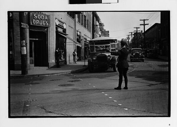 [Two 35mm Film Frames: Conversation on Street in Front of Outdoor Produce Display, Policeman Directing Traffic on Main Street], Walker Evans (American, St. Louis, Missouri 1903–1975 New Haven, Connecticut), Film negative