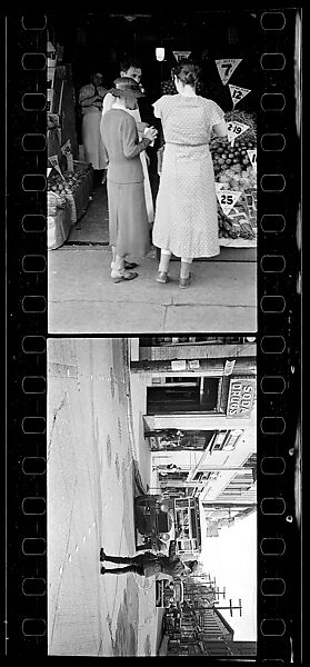 [Two 35mm Film Frames: Conversation on Street in Front of Outdoor Produce Display, Policeman Directing Traffic on Main Street], Walker Evans (American, St. Louis, Missouri 1903–1975 New Haven, Connecticut), Film negative