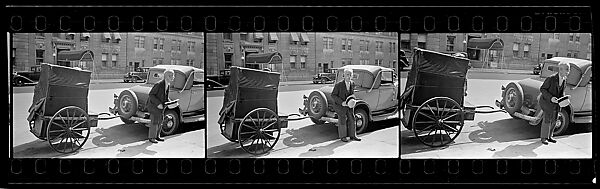 [Three 35mm Film Frames: Man and Covered Pull-Cart on Street, New York City], Walker Evans (American, St. Louis, Missouri 1903–1975 New Haven, Connecticut), Film negative