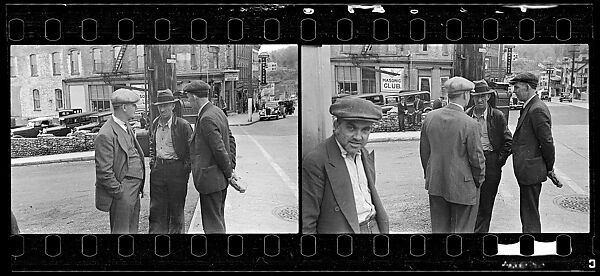 [Two 35mm Film Frames: Three Men in Conversation on Street, Street Conversation with Pedestrian in Foreground, Ossining, New York], Walker Evans (American, St. Louis, Missouri 1903–1975 New Haven, Connecticut), Film negative