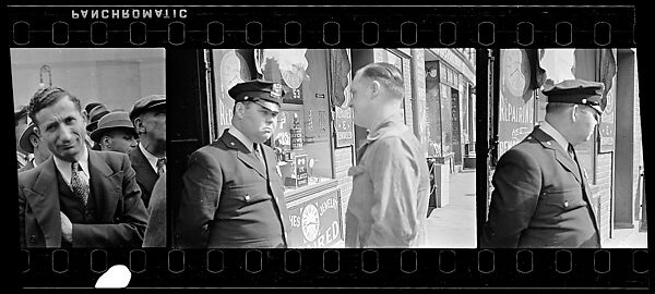 [Three 35mm Film Frames: Man and Policeman in Conversation Outside Watch Repair Shop, Partial View of Man on Street Looking at Camera, Policeman on Street Outside Watch Repair Shop, New York City], Walker Evans (American, St. Louis, Missouri 1903–1975 New Haven, Connecticut), Film negative