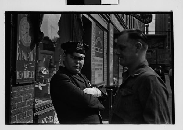 [Two 35mm Film Frames: Man and Policeman on Street Outside Watch Repair Shop, New York City], Walker Evans (American, St. Louis, Missouri 1903–1975 New Haven, Connecticut), Film negative