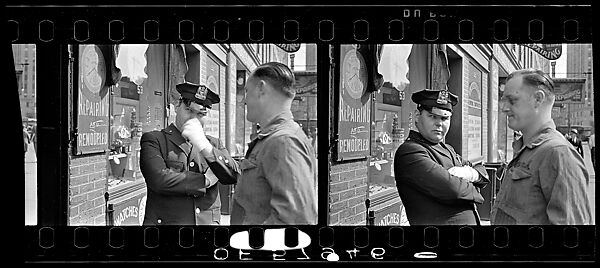 [Two 35mm Film Frames: Man and Policeman on Street Outside Watch Repair Shop, New York City], Walker Evans (American, St. Louis, Missouri 1903–1975 New Haven, Connecticut), Film negative