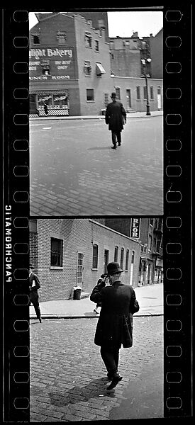 [Two 35mm Film Frames: Man in Bowler on Cobblestone Street, From Behind, New York City], Walker Evans (American, St. Louis, Missouri 1903–1975 New Haven, Connecticut), Film negative