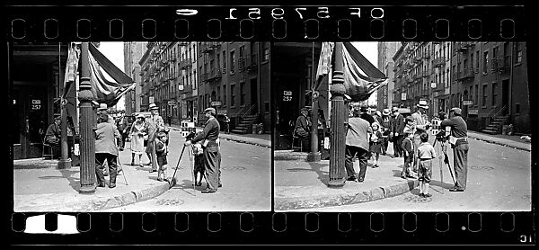 [Two 35mm Film Frames: Tintype Photographer and Group on Street Corner, New York City], Walker Evans (American, St. Louis, Missouri 1903–1975 New Haven, Connecticut), Film negative