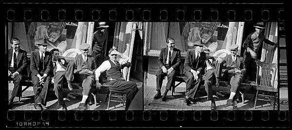 [Two 35mm Film Frames: Men Seated on Bench Outside Tobacconist Shop, New York City], Walker Evans (American, St. Louis, Missouri 1903–1975 New Haven, Connecticut), Film negative