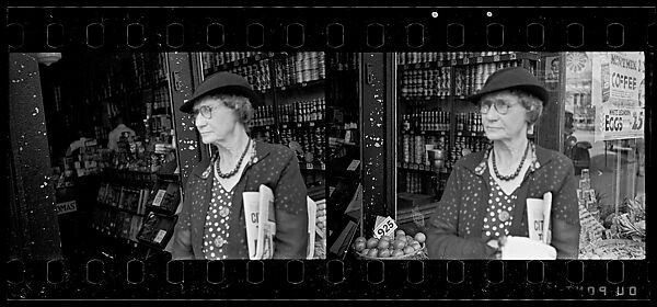 [Two 35mm Film Frames: Old Woman Outside Main Street Grocery Store, Ossining, New York], Walker Evans (American, St. Louis, Missouri 1903–1975 New Haven, Connecticut), Film negative