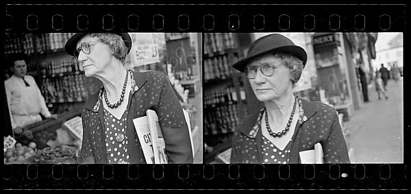 [Two 35mm Film Frames: Old Woman Outside Main Street Grocery Store, Ossining, New York], Walker Evans (American, St. Louis, Missouri 1903–1975 New Haven, Connecticut), Film negative