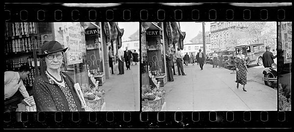 [Two 35mm Film Frames: Old Woman Outside Main Street Grocery Store, Main Street Sidewalk, Ossining, New York], Walker Evans (American, St. Louis, Missouri 1903–1975 New Haven, Connecticut), Film negative