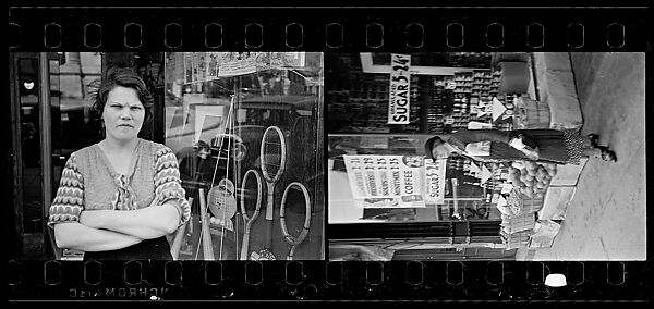 [Two 35mm Film Frames: Woman Outside Main Street Sports Shop, Old Woman Outside Main Street Grocery Store, Ossining, New York], Walker Evans (American, St. Louis, Missouri 1903–1975 New Haven, Connecticut), Film negative