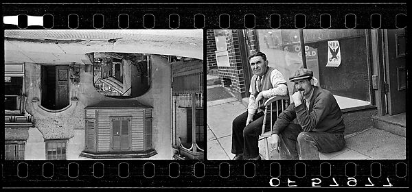 [Two 35mm Film Frames: Sidewalk Scene, Men Seated in Doorway on Sidewalk, Ossining, New York], Walker Evans (American, St. Louis, Missouri 1903–1975 New Haven, Connecticut), Film negative
