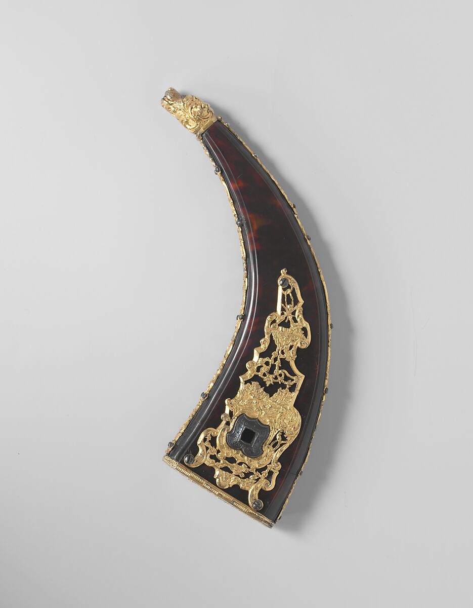 Powder Flask, Tortoiseshell, brass, gold, steel, Probably Austrian