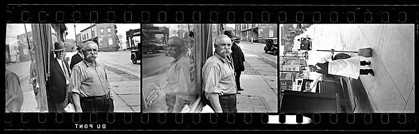 [Three 35mm Film Frames: Shopkeeper with Broom on Sidewalk, Man with Handlebar Moustache on Sidewalk, Ossining, New York], Walker Evans (American, St. Louis, Missouri 1903–1975 New Haven, Connecticut), Film negative