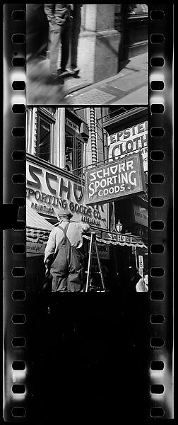 [Two 35mm Film Frames: Workman on Ladder Outside Schorr Sporting Good Company and Partial View of Man Standing in Doorway on Street, New York City], Walker Evans (American, St. Louis, Missouri 1903–1975 New Haven, Connecticut), Film negative