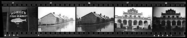 [Five 35mm Film Frames: Horice's Fish Market, Wooden Company Houses, Brick Italianate Revival Building, Southeastern U.S.], Walker Evans (American, St. Louis, Missouri 1903–1975 New Haven, Connecticut), Film negative