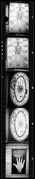 [Five 35mm Film Frames: "The Grand Man" Astrologer's Sign, Astrologer's Chart, "Madam Adele" Palmist's Window, Georgia?], Walker Evans (American, St. Louis, Missouri 1903–1975 New Haven, Connecticut), Film negative