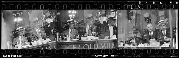 [Three 35mm Film Frames: Men Eating at Lunch Counter Window, Lexington Avenue, New York City], Walker Evans (American, St. Louis, Missouri 1903–1975 New Haven, Connecticut), Film negative