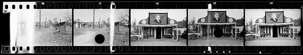 [Five 35mm Film Frames: Wooden Shacks on Dirt Road, Roadside Building with Painted Billboard of Franklin Delano Roosevelt on Roof, Southeastern U.S.], Walker Evans (American, St. Louis, Missouri 1903–1975 New Haven, Connecticut), Film negative