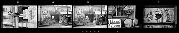 [Five 35mm Film Frames: Statue of Thomas E. Watson in Front of State Capitol Building, E.J. Foy Tire Company Façade with Parked Cars, Painted Butcher Shop Sign, Atlanta, Georgia], Walker Evans (American, St. Louis, Missouri 1903–1975 New Haven, Connecticut), Film negative