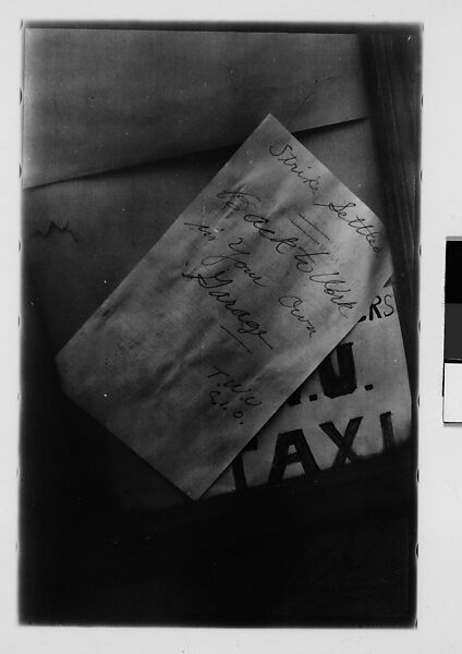 [Four 35mm Film Frames: Posted Notice in Taxistand Window: "Strike Settled", New York City], Walker Evans (American, St. Louis, Missouri 1903–1975 New Haven, Connecticut), Film negative