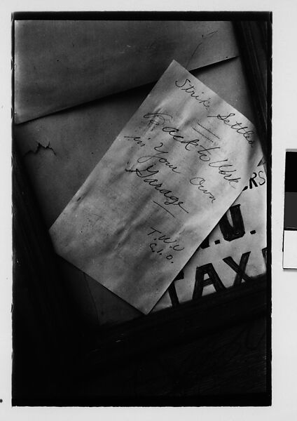 [Four 35mm Film Frames: Posted Notice in Taxistand Window: "Strike Settled", New York City], Walker Evans (American, St. Louis, Missouri 1903–1975 New Haven, Connecticut), Film negative