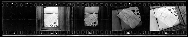 [Four 35mm Film Frames: Posted Notice in Taxistand Window: "Strike Settled", New York City], Walker Evans (American, St. Louis, Missouri 1903–1975 New Haven, Connecticut), Film negative
