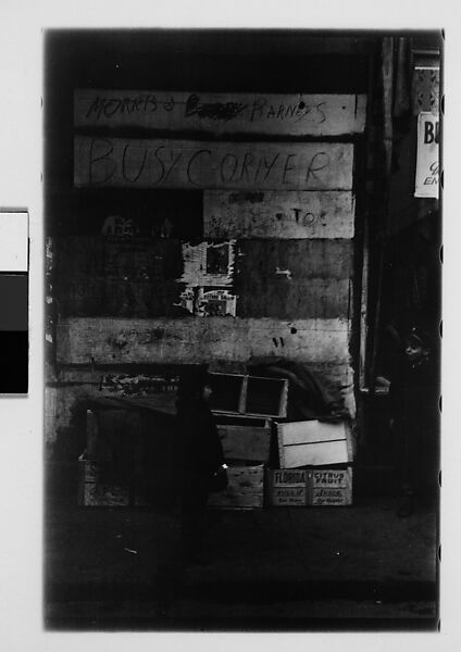 [Five 35mm Film Frames: Graffiti on Wall, Man and Boxes in Front of Graffiti-Covered Wall, Chalk Drawing, New York City], Walker Evans (American, St. Louis, Missouri 1903–1975 New Haven, Connecticut), Film negative