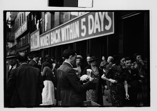 [Five 35mm Film Frames: Shoppers Outside Klein's Department Store Entrance, Sidewalk Vendor and Shoppers Beneath Billboard, Union Square, New York City], Walker Evans (American, St. Louis, Missouri 1903–1975 New Haven, Connecticut), Film negative