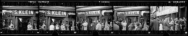 [Five 35mm Film Frames: Shoppers Outside Klein's Department Store Entrance, Sidewalk Vendor and Shoppers Beneath Billboard, Union Square, New York City], Walker Evans (American, St. Louis, Missouri 1903–1975 New Haven, Connecticut), Film negative