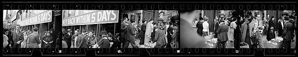 [Five 35mm Film Frames: Sidewalk Vendor and Shoppers Outside Klein's Department Store, Union Square, New York City], Walker Evans (American, St. Louis, Missouri 1903–1975 New Haven, Connecticut), Film negative