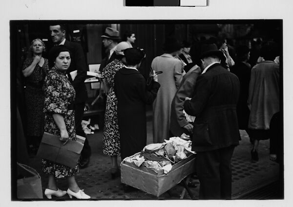 [Five 35mm Film Frames: Sidewalk Vendor, Shoppers, and Bystanders Outside Klein's Department Store, Union Square, New York City], Walker Evans (American, St. Louis, Missouri 1903–1975 New Haven, Connecticut), Film negative