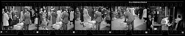 [Five 35mm Film Frames: Sidewalk Vendor, Shoppers, and Bystanders Outside Klein's Department Store, Union Square, New York City], Walker Evans (American, St. Louis, Missouri 1903–1975 New Haven, Connecticut), Film negative