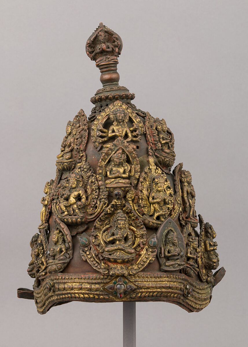 Vajracarya priest's crown, Copper, gold, semi-precious stones, Nepalese