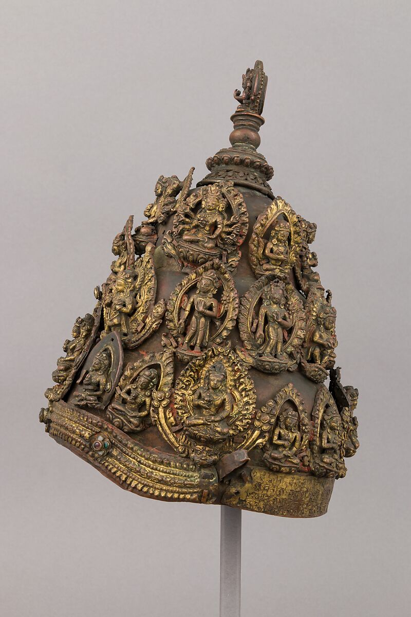 Vajracarya priest's crown, Copper, gold, semi-precious stones, Nepalese