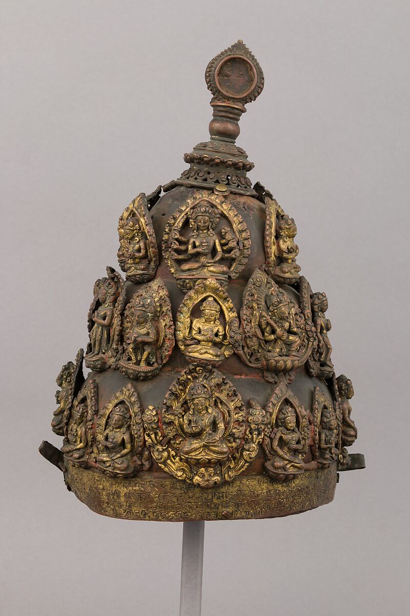 Vajracarya priest's crown, Copper, gold, semi-precious stones, Nepalese