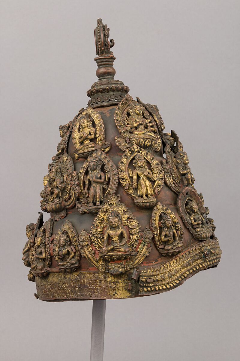 Vajracarya priest's crown, Copper, gold, semi-precious stones, Nepalese