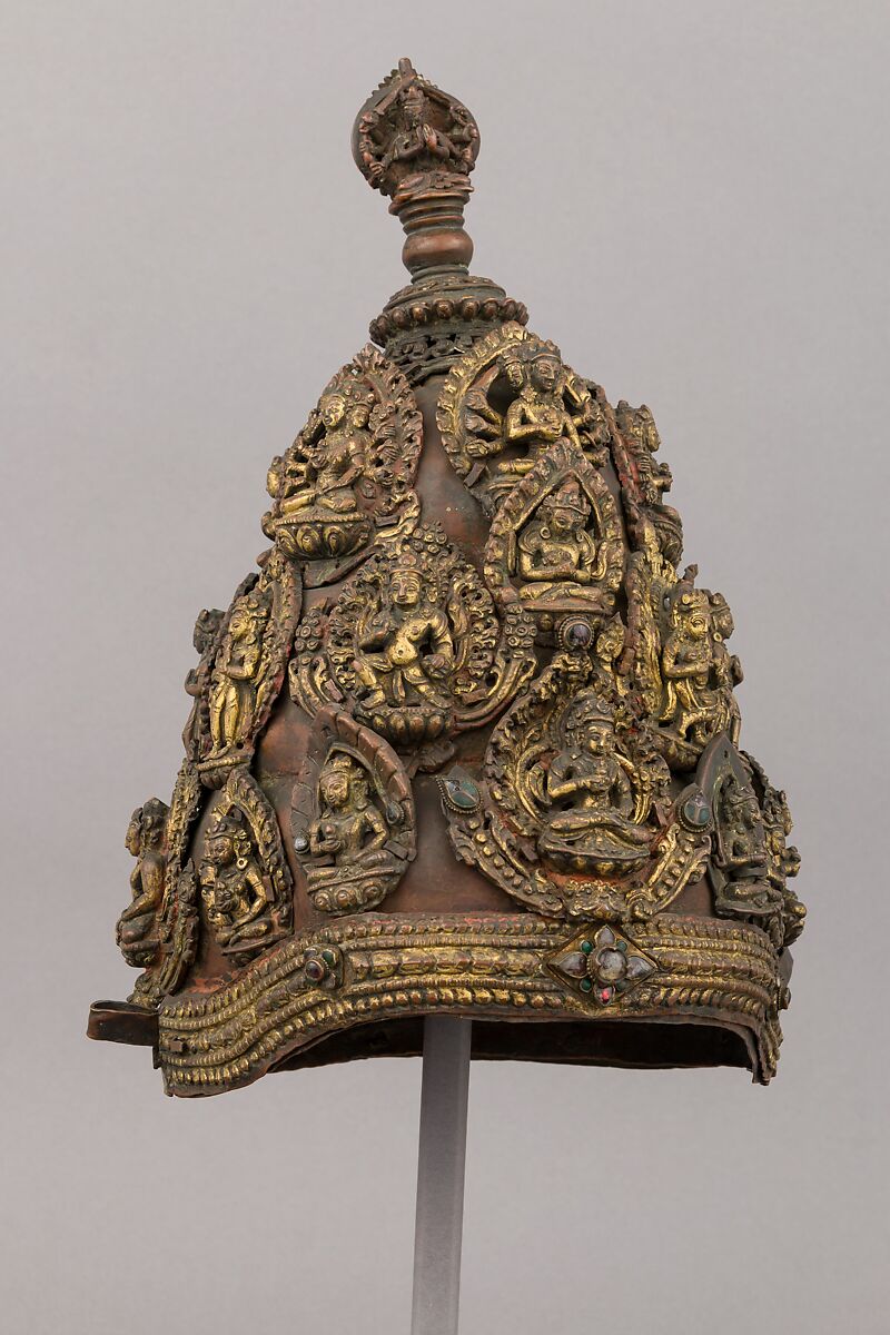 Vajracarya priest's crown, Copper, gold, semi-precious stones, Nepalese 