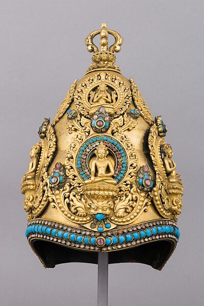 Vajracarya Priest's Crown, Copper, gold, turquoise, semi-precious stones, silver foil, Nepalese