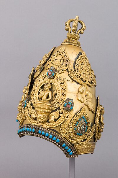 Vajracarya Priest's Crown, Copper, gold, turquoise, semi-precious stones, silver foil, Nepalese
