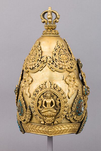 Vajracarya Priest's Crown, Copper, gold, turquoise, semi-precious stones, silver foil, Nepalese
