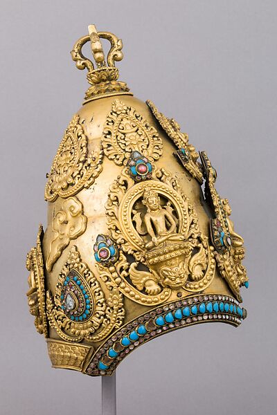 Vajracarya Priest's Crown, Copper, gold, turquoise, semi-precious stones, silver foil, Nepalese