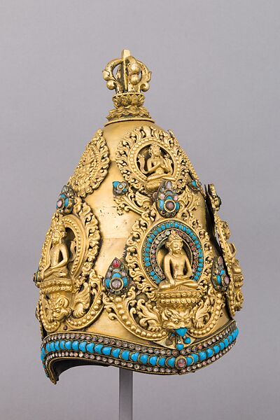 Vajracarya Priest's Crown, Copper, gold, turquoise, semi-precious stones, silver foil, Nepalese