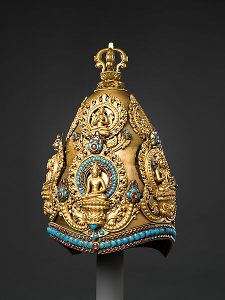 Vajracarya Priest's Crown, Copper, gold, turquoise, semi-precious stones, silver foil, Nepalese 