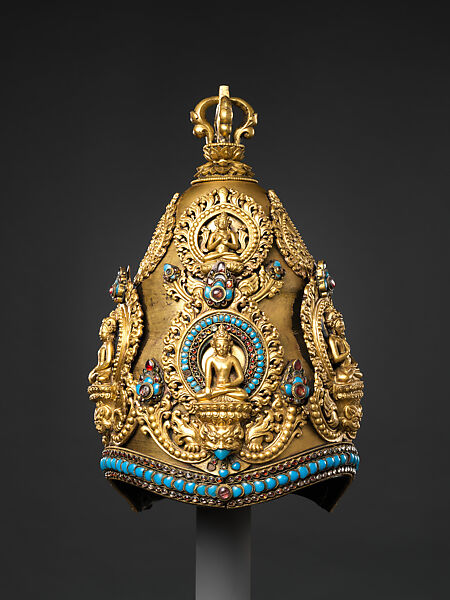 Vajracarya Priest's Crown, Copper, gold, turquoise, semi-precious stones, silver foil, Nepalese