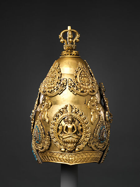 Vajracarya Priest's Crown, Copper, gold, turquoise, semi-precious stones, silver foil, Nepalese