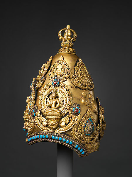 Vajracarya Priest's Crown, Copper, gold, turquoise, semi-precious stones, silver foil, Nepalese