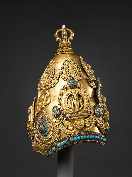 Vajracarya Priest's Crown, Copper, gold, turquoise, semi-precious stones, silver foil, Nepalese